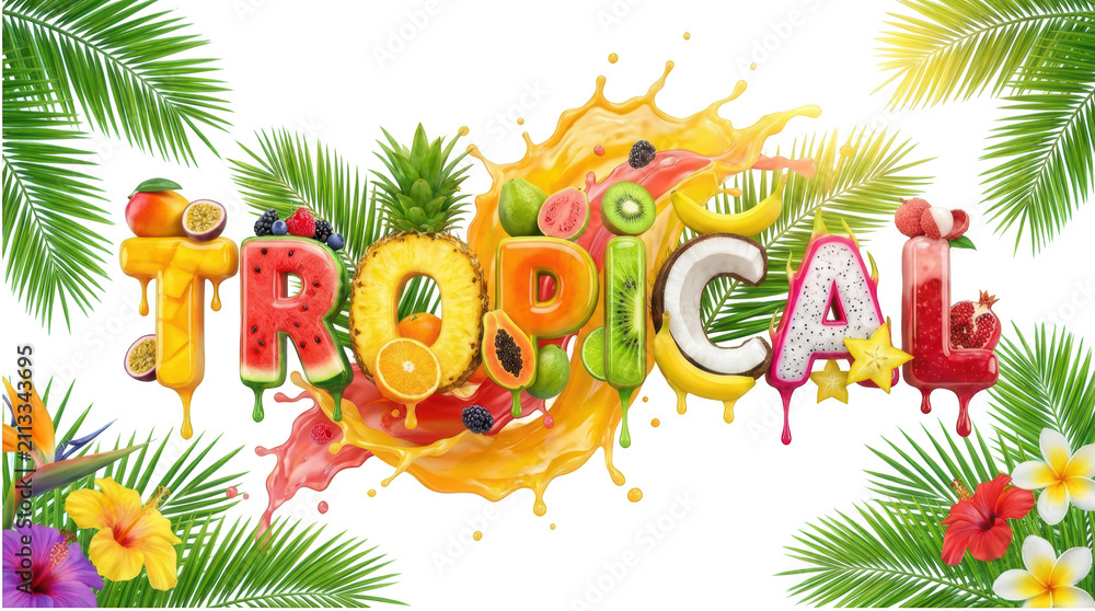Obraz premium Tropical fruit lettering with splashes and exotic flowers isolated on transparent background