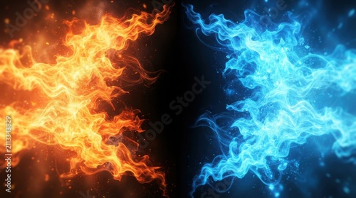 Fiery orange and glowing blue flames collide in a dark environment providing a dramatic visual contrast for a web site background.