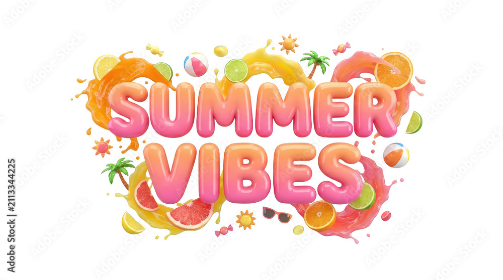 Obraz premium Summer vibes 3d typography with tropical fruits and splashes isolated on transparent background