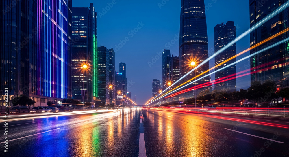 Naklejka premium Modern cityscape at night with light trails from vehicles on a wet road reflecting colorful building lights, symbolizing urban energy and speed