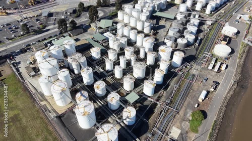 Aerial view of an industrial oil storage tank farm