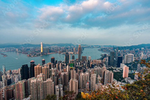Blue hour image of Hong Kong central district view from Victoria peak