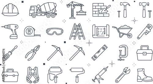 Industrial construction machinery and home renovation builder tools line icon set with cement mixer truck, crane, hammer, brick wall, and toolbox symbols.