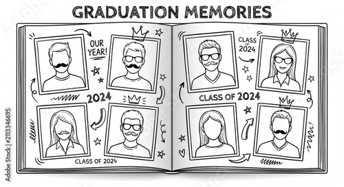 Graduation yearbook template with hand-drawn doodles and playful pen scribbles on class portraits.