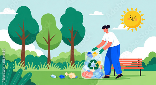 A person cleans a park by collecting trash in a bag, symbolizing environmental responsibility and sustainability, set against a sunny day.