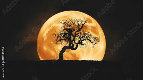 Bare crooked tree standing silhouetted against an enormous glowing golden harvest moon in the dark night sky during autumn evening