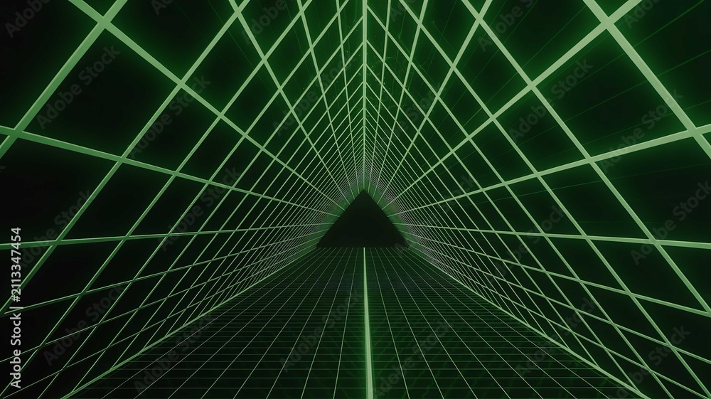 Obraz premium Glowing green triangular tunnel featuring a structured digital grid perspective inside a dark mysterious abstract technological 3d environment space scene