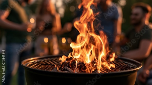 Vibrant flames leap from a black grill
