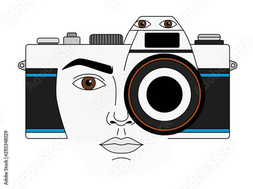 Konstfotografi Minimalist Illustration Merging Human Face with Vintage SLR Camera
