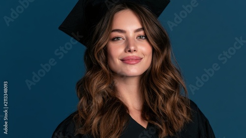 Young woman smiles in graduation gown and cap
