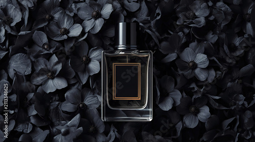 Elegant luxury perfume bottle with black floral background