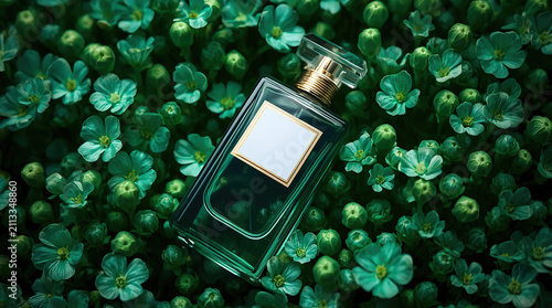 Elegant green perfume bottle with floral backdrop in luxury fragrance photography