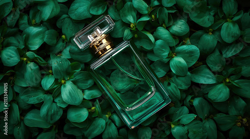 Elegant green perfume bottle with luxurious gold cap nestled among vibrant, leafy foliage for luxury fragrance branding and product display