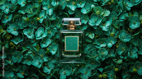 luxury perfume bottle with green floral background for premium fragrance advertising and product showcase