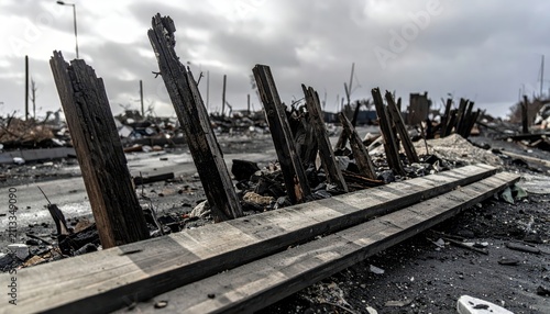 Ruins of Destroyed Buildings After a Catastrophe, Destroyed Wooden Structures in Foreground, Post-Disaster Landscape