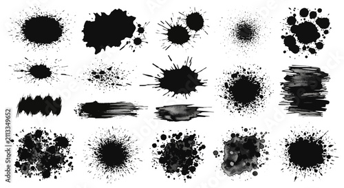 A collection of various black ink splatters on white background
