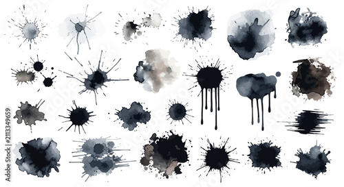 A collection of various dark ink splatters on white background