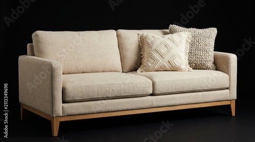 Comfortable Beige Linen Three Seater Sofa with Decorative Textured Pillows Isolated on Black Background