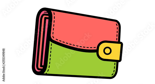A colorful cartoon wallet is shown on a plain white background