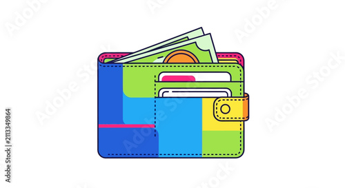 A colorful flat illustration of a leather wallet with paper money