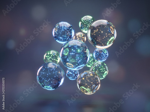 Abstract digital bubbles with glowing circuits inside, representing technology and data flow