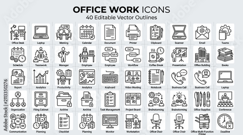 Set of 40 editable vector outline icons representing various aspects of office work, business tasks, and workplace activities, perfect for digital projects.