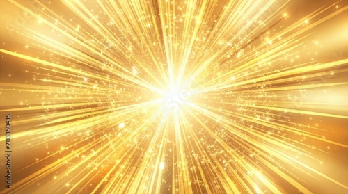 Abstract golden light rays radiate from a central bright point to create a dynamic energy burst for a festive background.