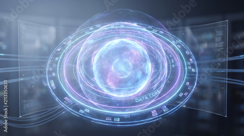Futuristic Holographic Digital Interface with Glowing Blue Energy Rings and Quantum Data Sphere
