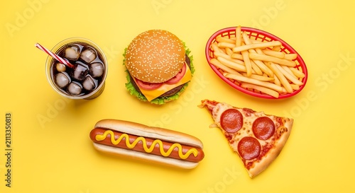 Top view of fast food meal including burger, fries, hot dog, pizza slice, and soda
