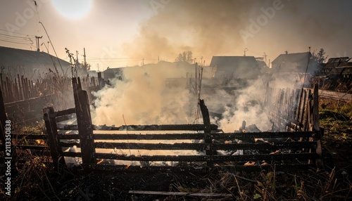 Rural Village After Fire: Smoldering Remains of Wooden Fences and Houses Under a Smoky Sky