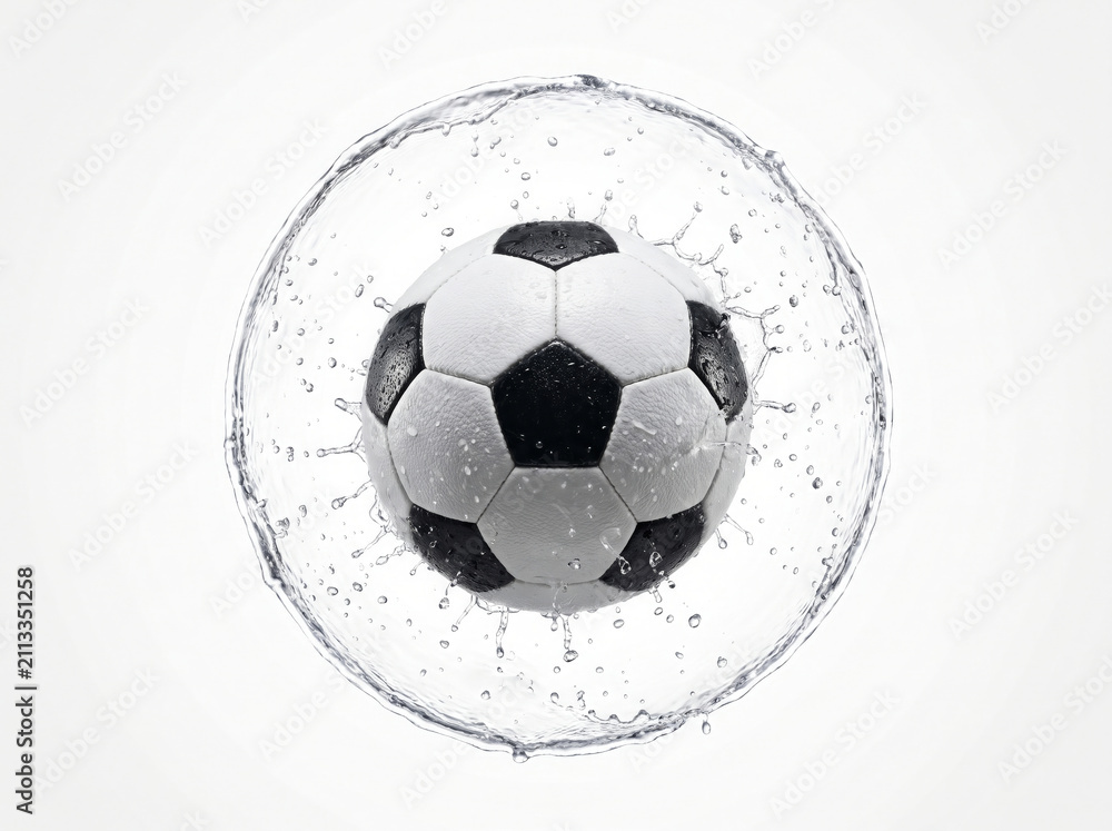 Naklejka premium Soccer Ball Surrounded by Circular Water Splash