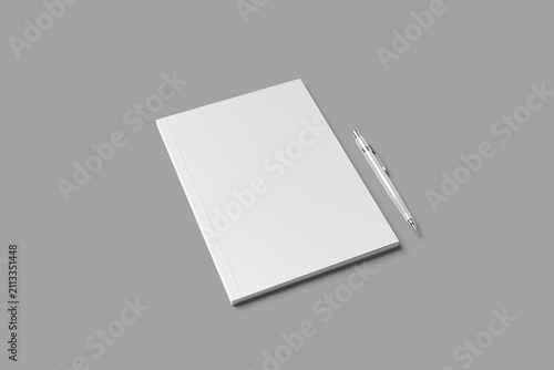 Blank Book Cover Mockup with Pen on Gray Background
