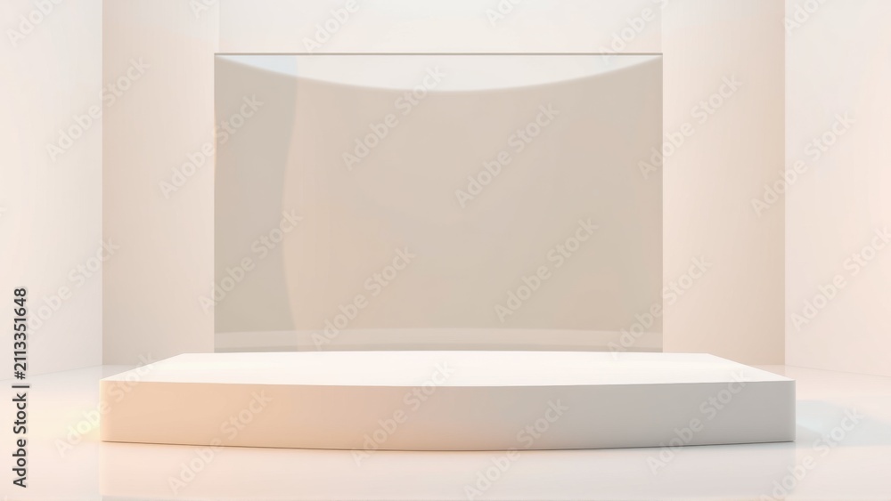 Fototapeta premium Empty white pedestal stands within bright room. Minimalist design, spotlight focuses attention on display space. Clean, modern aesthetic.