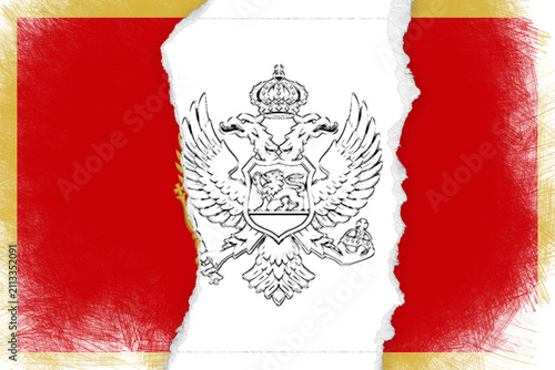 Obraz na płótnie Montenegros National Coat of Arms and Flag Revealed Under Ripped White Paper wit