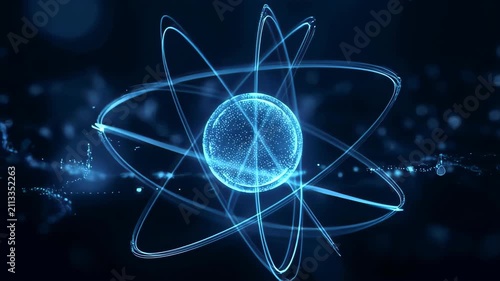Abstract glowing blue atom model with orbiting electrons on dark background
