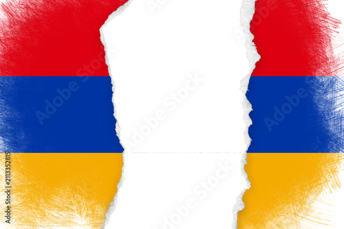Cuadro en lienzo Armenian Flag Torn Vertically in Center with Ragged Edges, Revealing Blank White