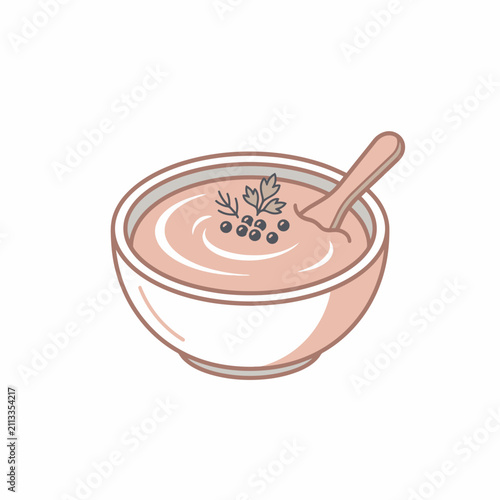 Illustrated bowl of creamy pink soup with spoon.
