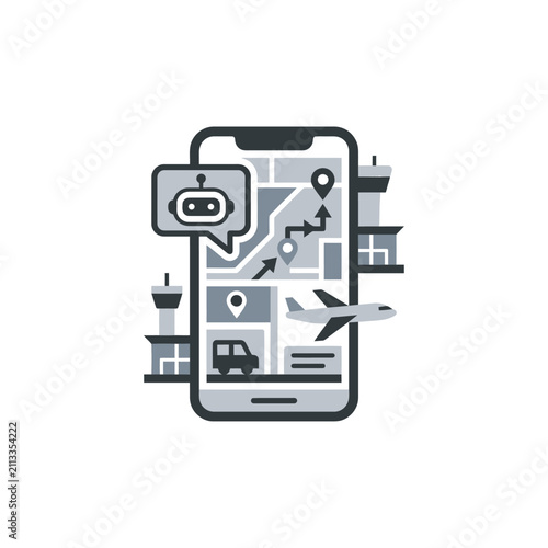 Indoor airport map on smartphone with robot assistant icon.