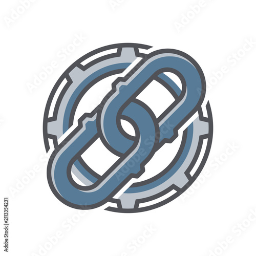Industrial chain link icon inside mechanical gear wheel.
