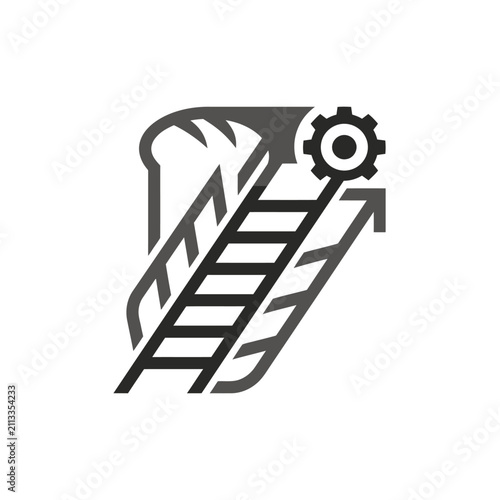 Industrial conveyor icon with gear and upward arrow.