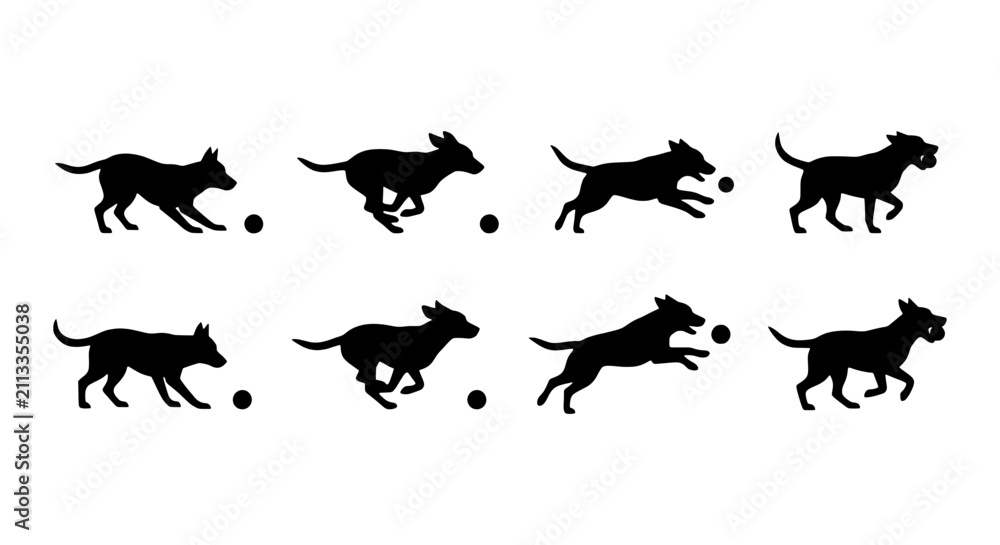 Fototapeta premium Dog Running Animation Sequence, Silhouette Pet Motion Graphics, Playful Canine Action Vector Set