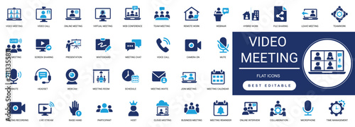 Foto Video Meeting solid icon set featuring video call, conference, online meeting, collaboration, and webinar