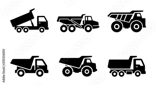 Fotografie Dump Truck Icons, Construction Vehicle Silhouettes, Heavy Machinery Vector Set