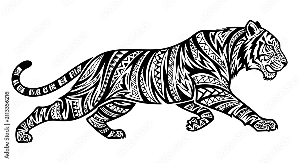 Obraz premium A stylized wild cat illustration features intricate tribal patterns