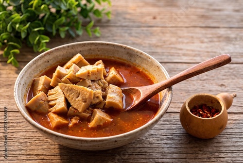 Traditional Ugandan Malewa boiled wild bamboo shoots served in a spicy chili pepper soup bowl.