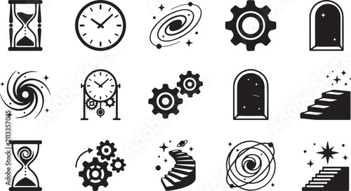 Set of black vector icons featuring hourglass clocks gears galaxy portal and stairs designed in a minimalist flat artistic style