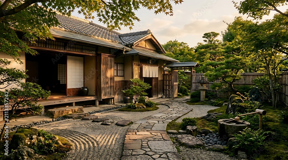 Obraz premium Traditional Japanese house with zen garden and lanterns.
