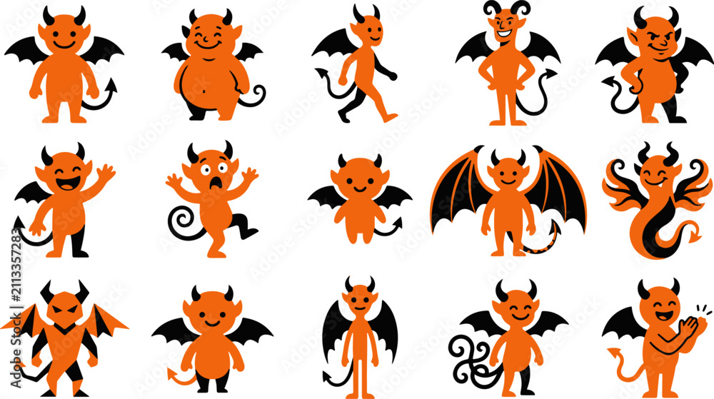 Fototapeta premium Orange devil characters collection vector illustration with playful design