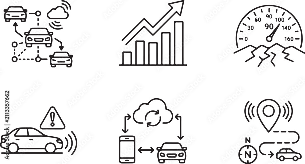 Fototapeta premium A set of black and white vector illustration icons representing modern autonomous vehicle technology and connected automotive digital systems