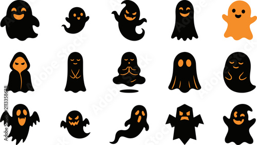 Ghost Silhouettes Collection Black And Orange Vector Illustrations On White Background
